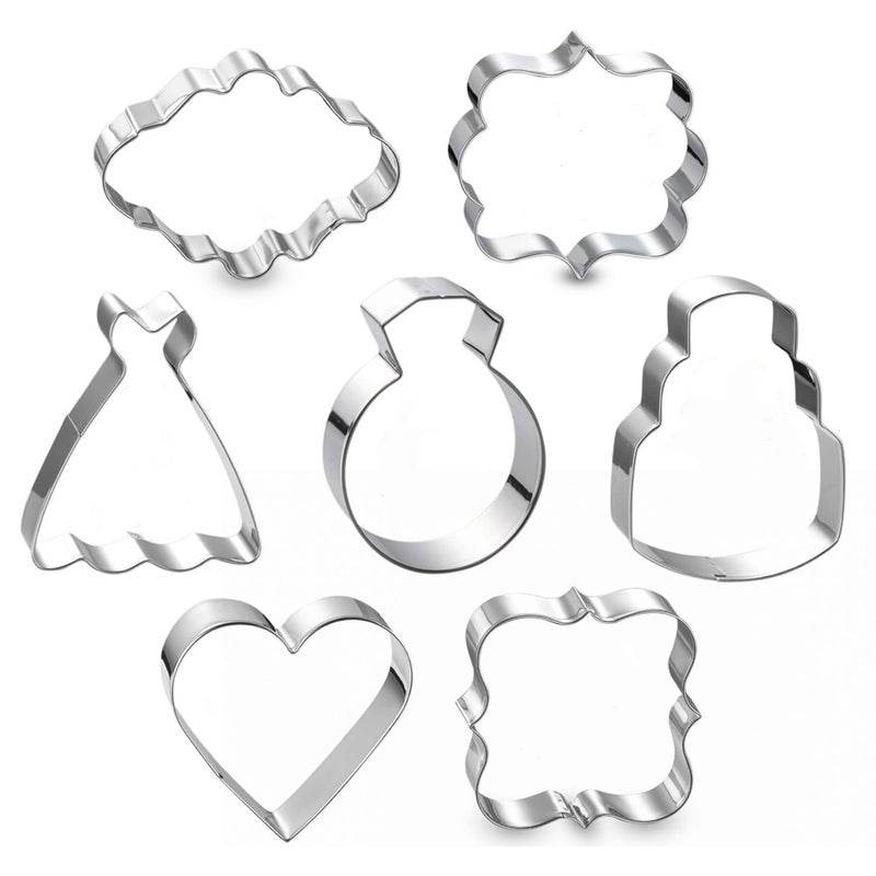 Maykito Wedding Cookie Cutter Set-7 Piece-3 Inches-Heart, Diamond Ring, Wedding Cake,Wedding Dress, Rectangle, Square and Oval Plaque Cookie Cutters Molds for Bridal Shower Engagement - Image 1